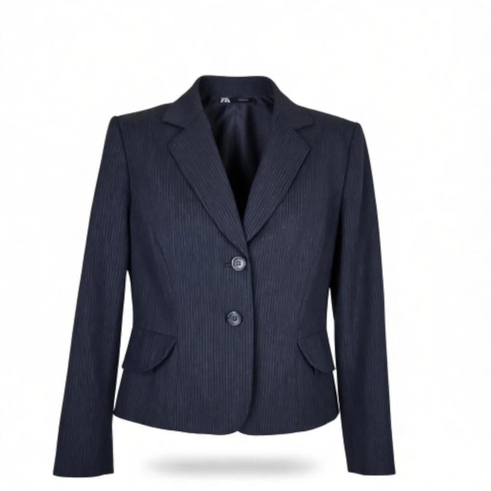 Tahari ASL Blazer Size 14P Black Gray Pinstripe Peplum 2 Button Notch Collar